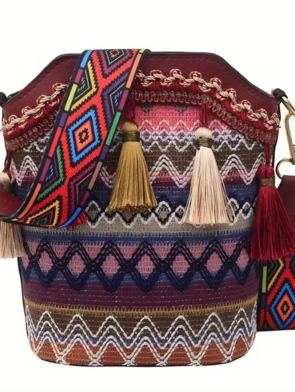 Burgundy Boho Multicolor Tassel Bucket Crossbody Bag- with Wide Patterned Strap
